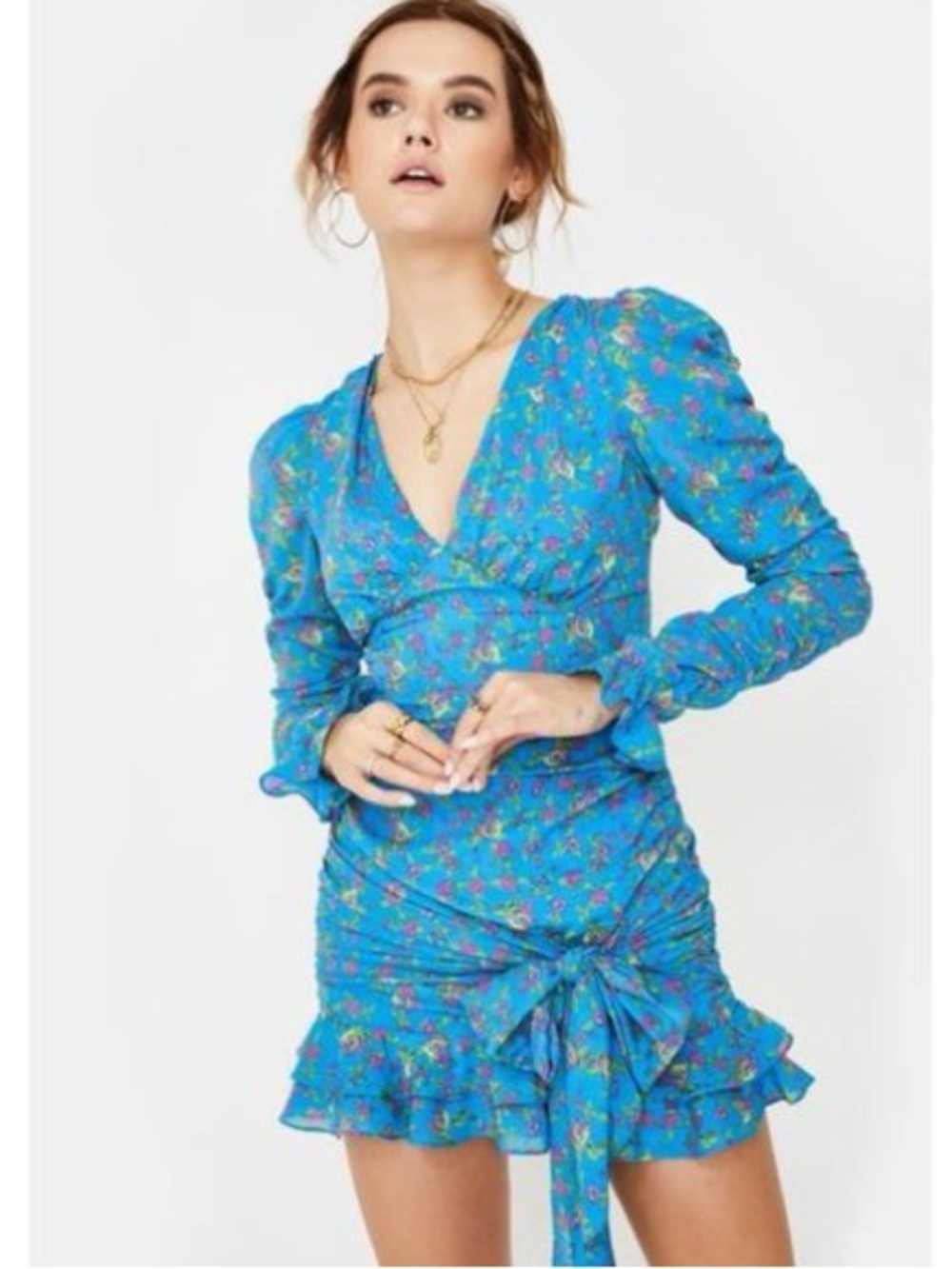 For Love and Lemons Blue Long Sleeve Bahama Mini Dress L